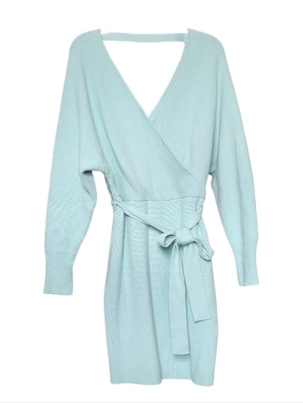 Light Blue Wrap Knit  Dress with Waist Tie